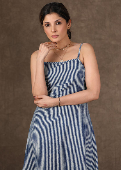 Classy Indigo Striped dress - Ajrakh Shirt optional