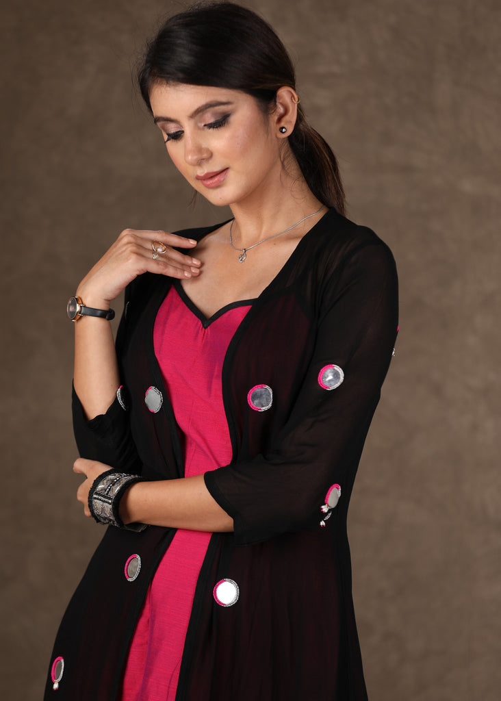 Black Georgette Shrug Dress with Hand Mirror Work All Over and Magenta Inner in Contrast -2 Piece (Shrug & Dress Set)