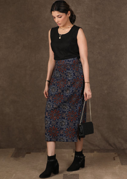 Chique Maroon Ajrakh Long Shrug with Fitted Skirt and Inner - 3 Piece (Shrug, Inner & Fitted Skirt Set)