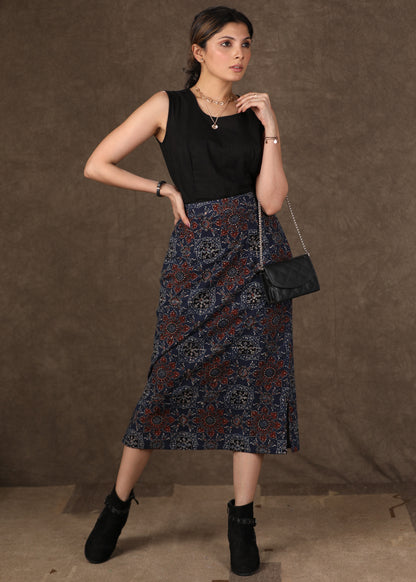 Chique Maroon Ajrakh Long Shrug with Fitted Skirt and Inner - 3 Piece (Shrug, Inner & Fitted Skirt Set)