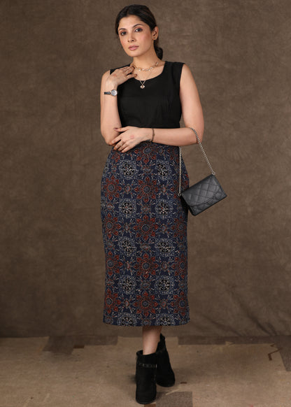 Chique Maroon Ajrakh Long Shrug with Fitted Skirt and Inner - 3 Piece (Shrug, Inner & Fitted Skirt Set)