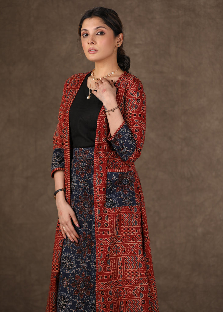 Chique Maroon Ajrakh Long Shrug with Fitted Skirt and Inner - 3 Piece (Shrug, Inner & Fitted Skirt Set)