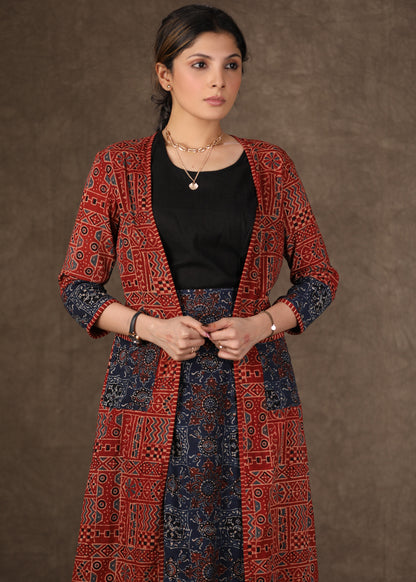 Chique Maroon Ajrakh Long Shrug with Fitted Skirt and Inner - 3 Piece (Shrug, Inner & Fitted Skirt Set)