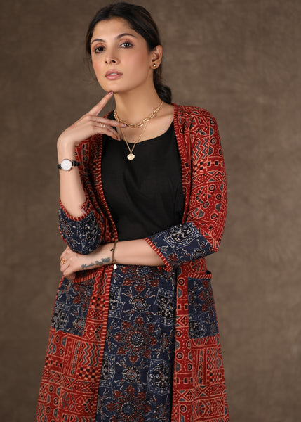Chique Maroon Ajrakh Long Shrug with Fitted Skirt and Inner - 3 Piece (Shrug, Inner & Fitted Skirt Set)
