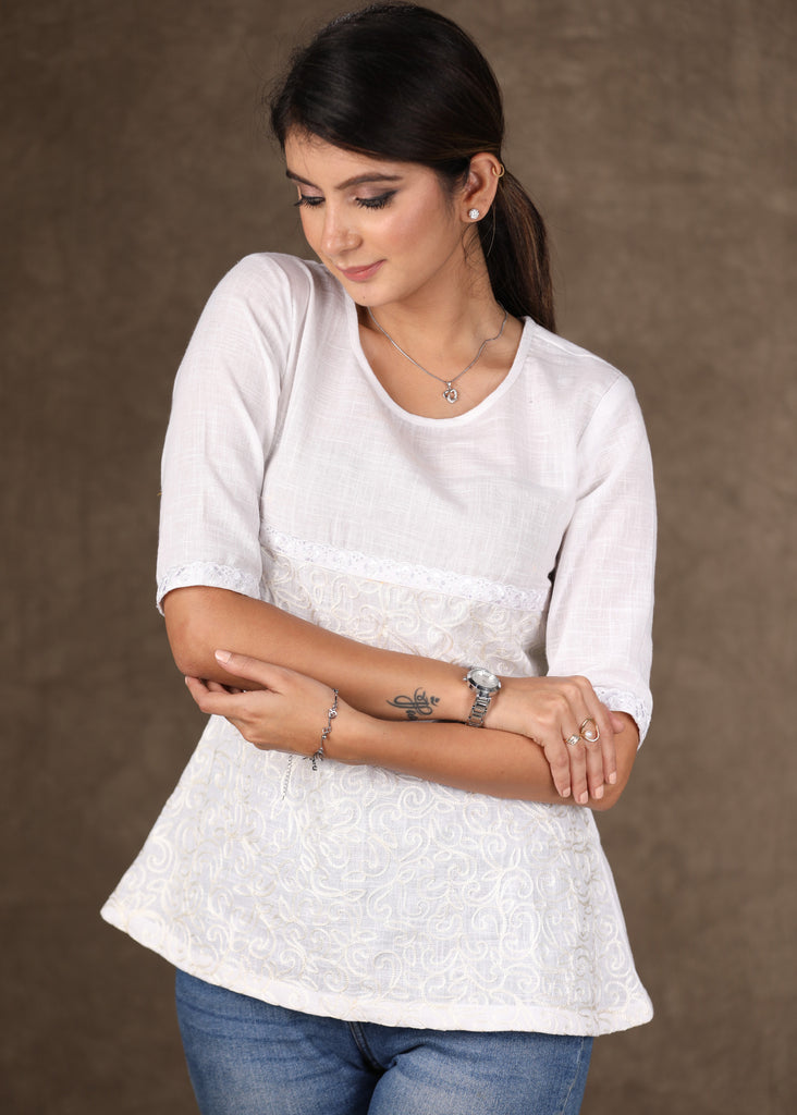 White Embroidered Top with Beautifully Embroidered Indigo Shrug - 2 Piece (Jacket & Inner Set)