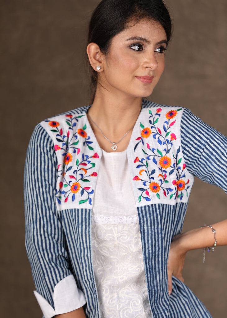 White Embroidered Top with Beautifully Embroidered Indigo Shrug - 2 Piece (Jacket & Inner Set)