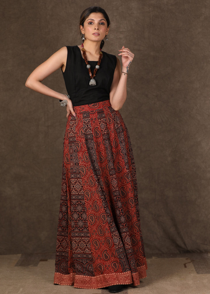 Ajrakh Mix & Match Pleated Skirt with Matching Top & Shrug - 3 Piece (Skirt, Top & Shrug Set)