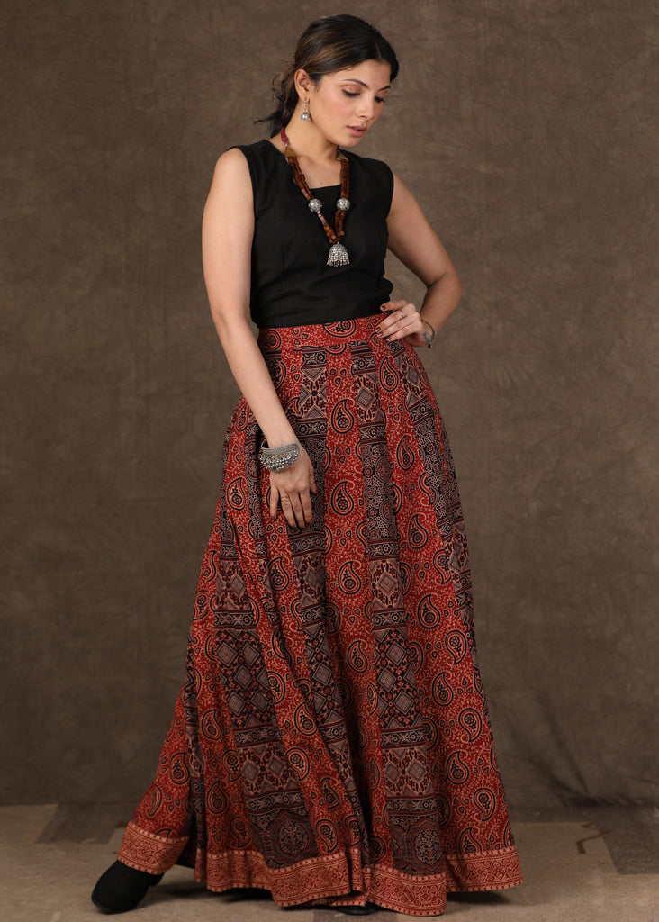 Ajrakh Mix & Match Pleated Skirt with Matching Top & Shrug - 3 Piece (Skirt, Top & Shrug Set)