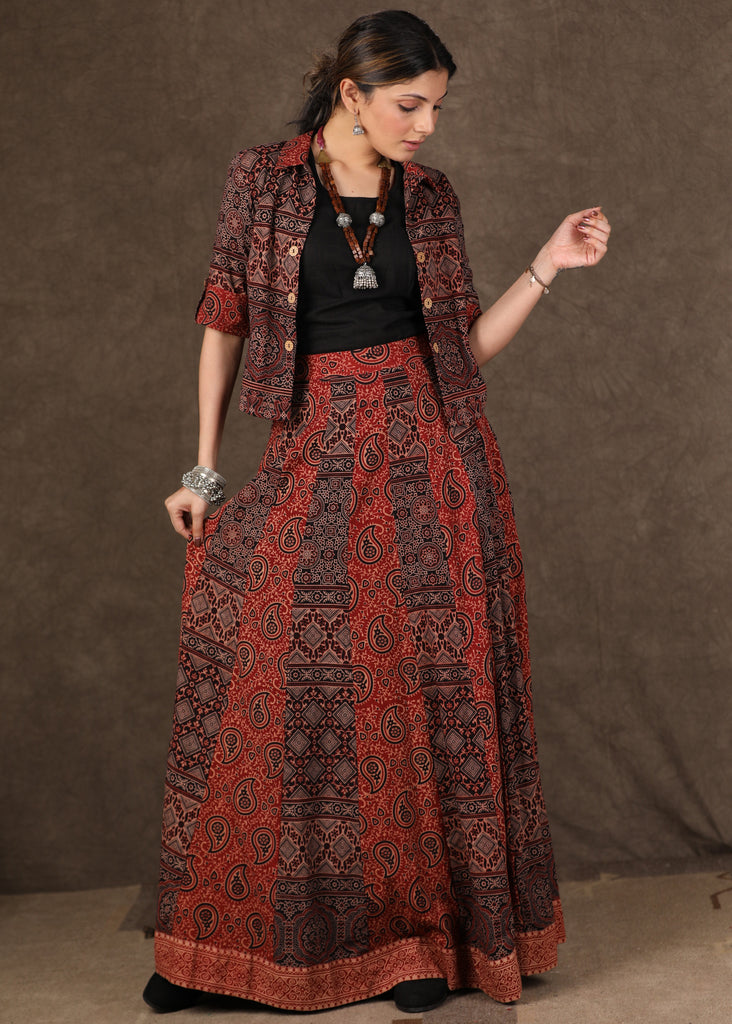 Ajrakh Mix & Match Pleated Skirt with Matching Top & Shrug - 3 Piece (Skirt, Top & Shrug Set)