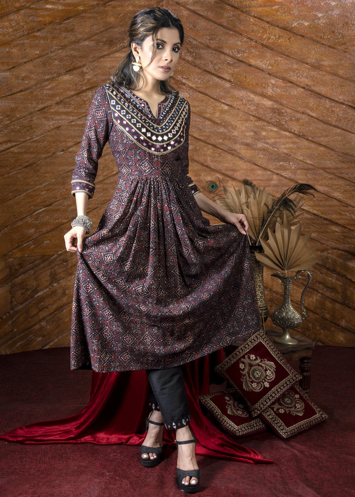 Exclusive black Ajrakh Kurta & pant set with heavy hand embroidery - Dupatta optional.