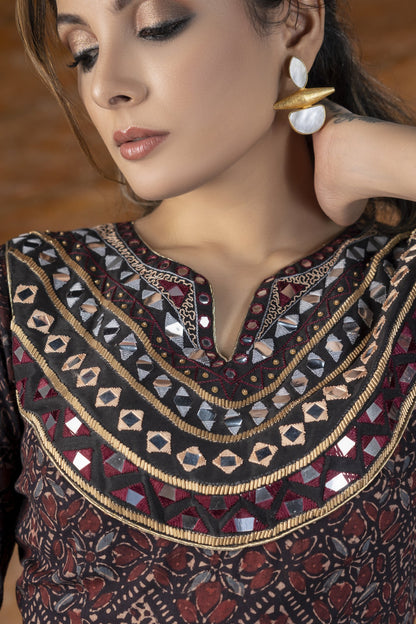 Exclusive black Ajrakh Kurta with heavy hand embroidery