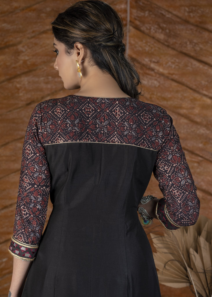 Exclusive black Ajrakh Kurta & pant set with heavy hand embroidery - Dupatta optional.