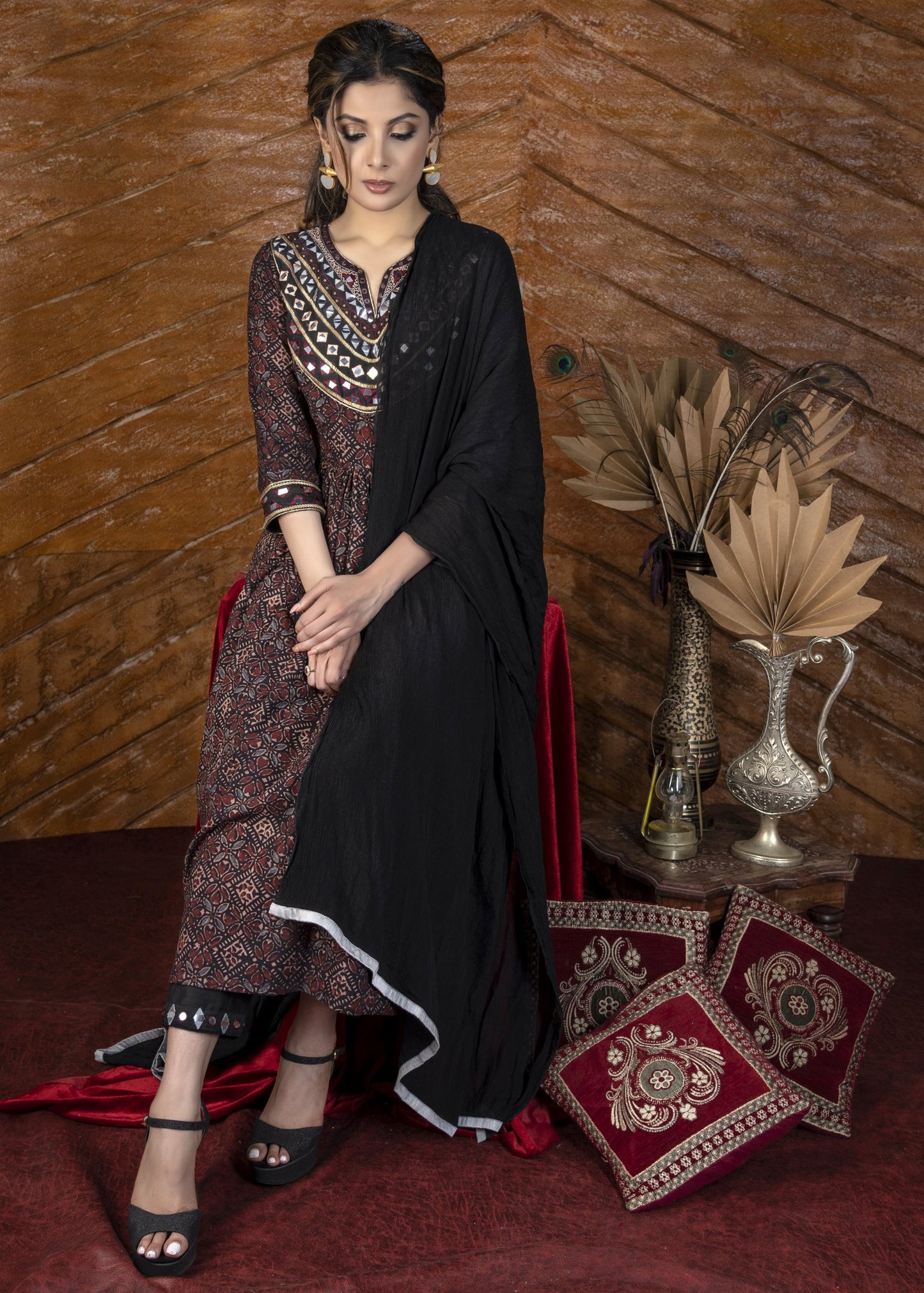 Exclusive black Ajrakh Kurta with heavy hand embroidery