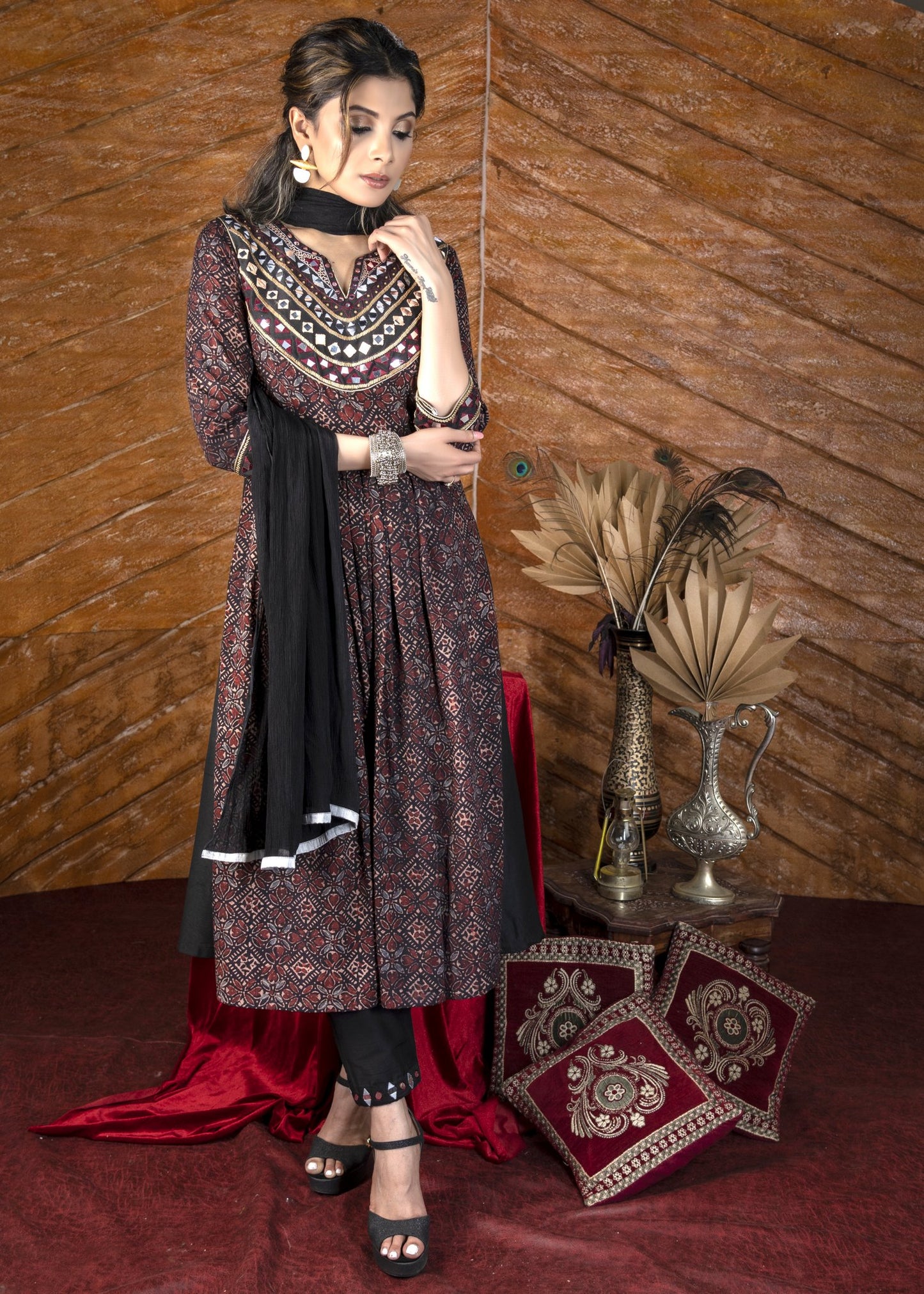 Exclusive black Ajrakh Kurta with heavy hand embroidery
