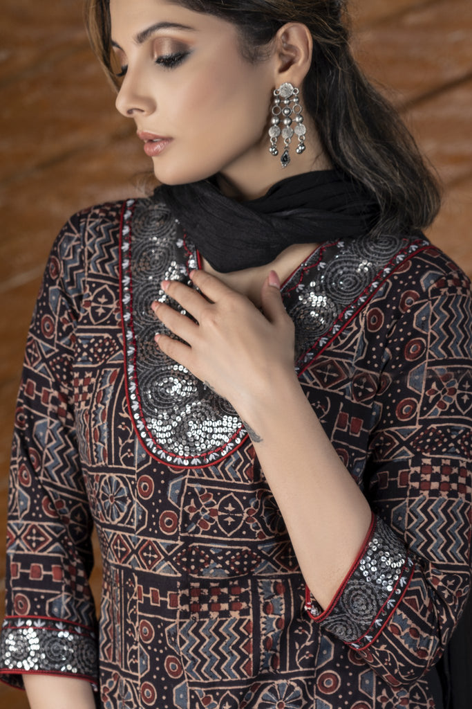 Exclusive hand embroidered black geometric Ajrakh Kurta & Pant set - Dupatta optional.
