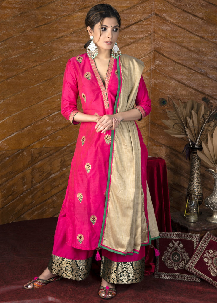 Exclusive embroidered pink cotton silk Kurta & Pant Set - Dupatta optional.