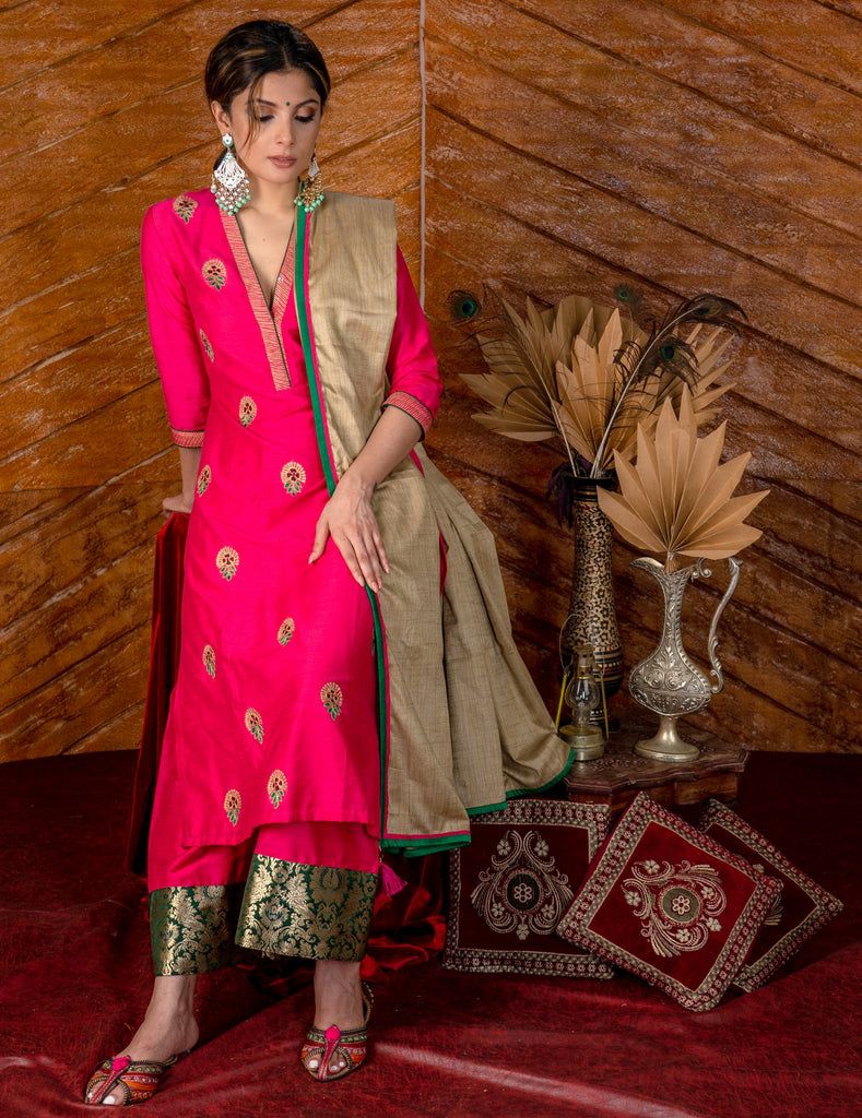 Exclusive embroidered pink cotton silk Kurta & Pant Set - Dupatta optional.