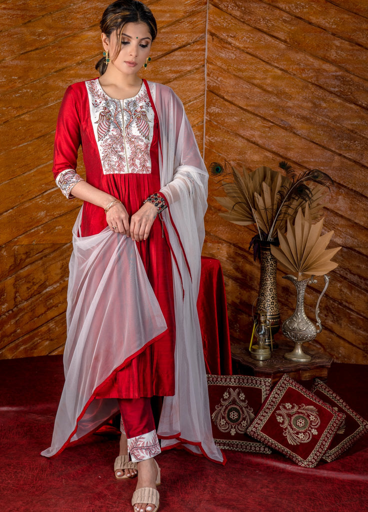 Exclusive maroon cotton silk Kurta & Pant set with authentic hand painted gond tribal art & embroidery - Dupatta optional.