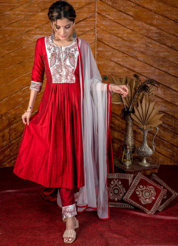 Exclusive maroon cotton silk Kurta & Pant set with authentic hand painted gond tribal art & embroidery - Dupatta optional.