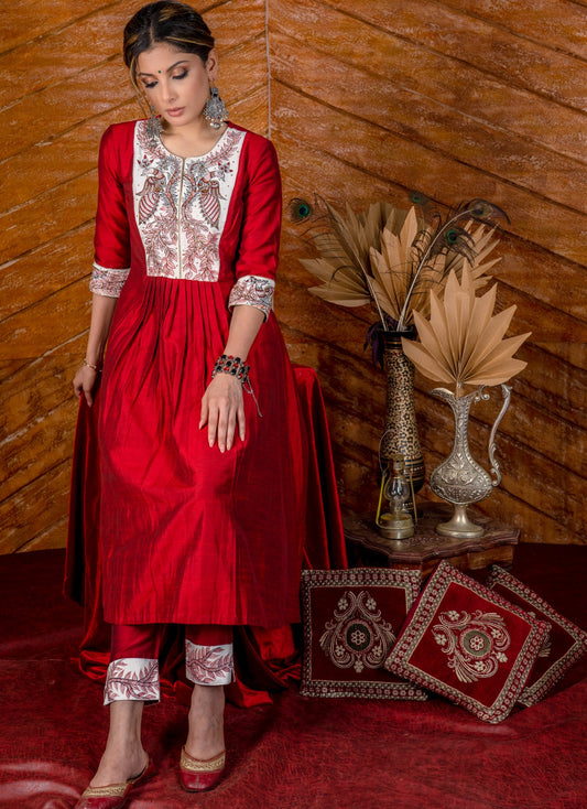 Exclusive maroon cotton silk Kurta with authentic hand painted gond tribal art & embroidery