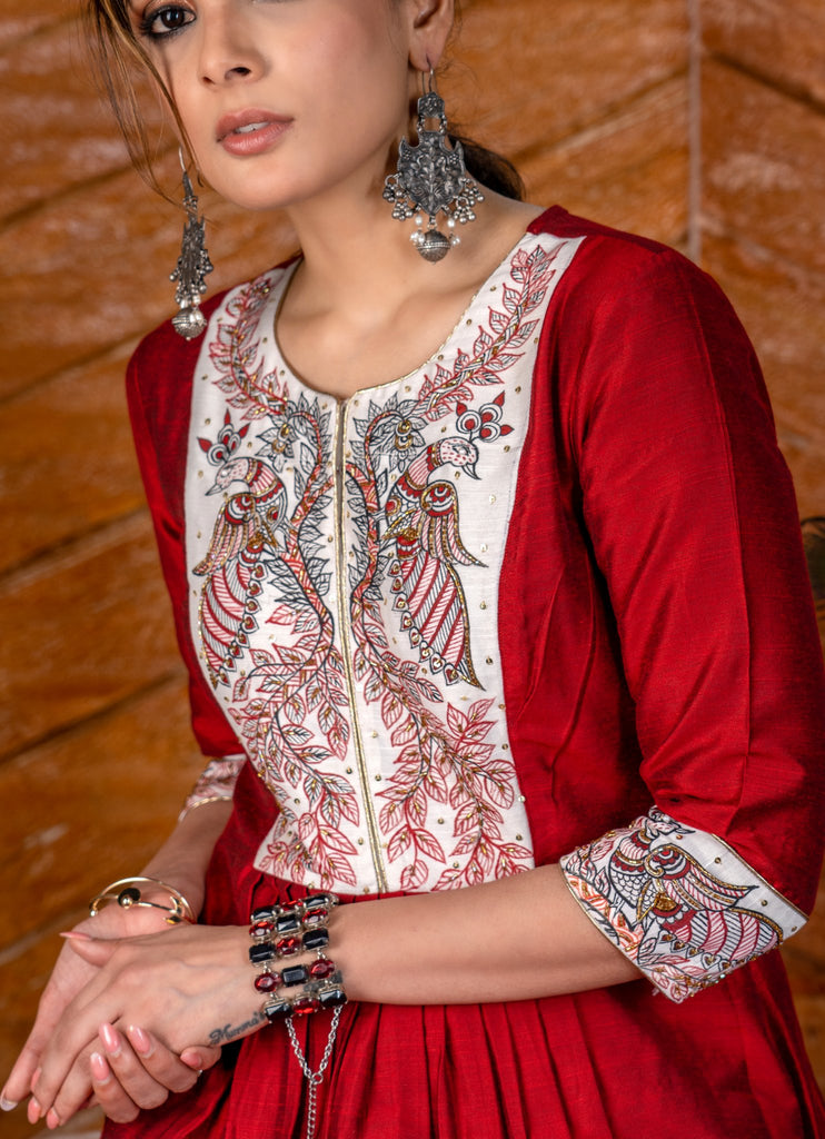 Exclusive maroon cotton silk Kurta & Pant set with authentic hand painted gond tribal art & embroidery - Dupatta optional.