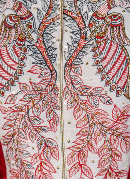 Exclusive maroon cotton silk Kurta with authentic hand painted gond tribal art & embroidery