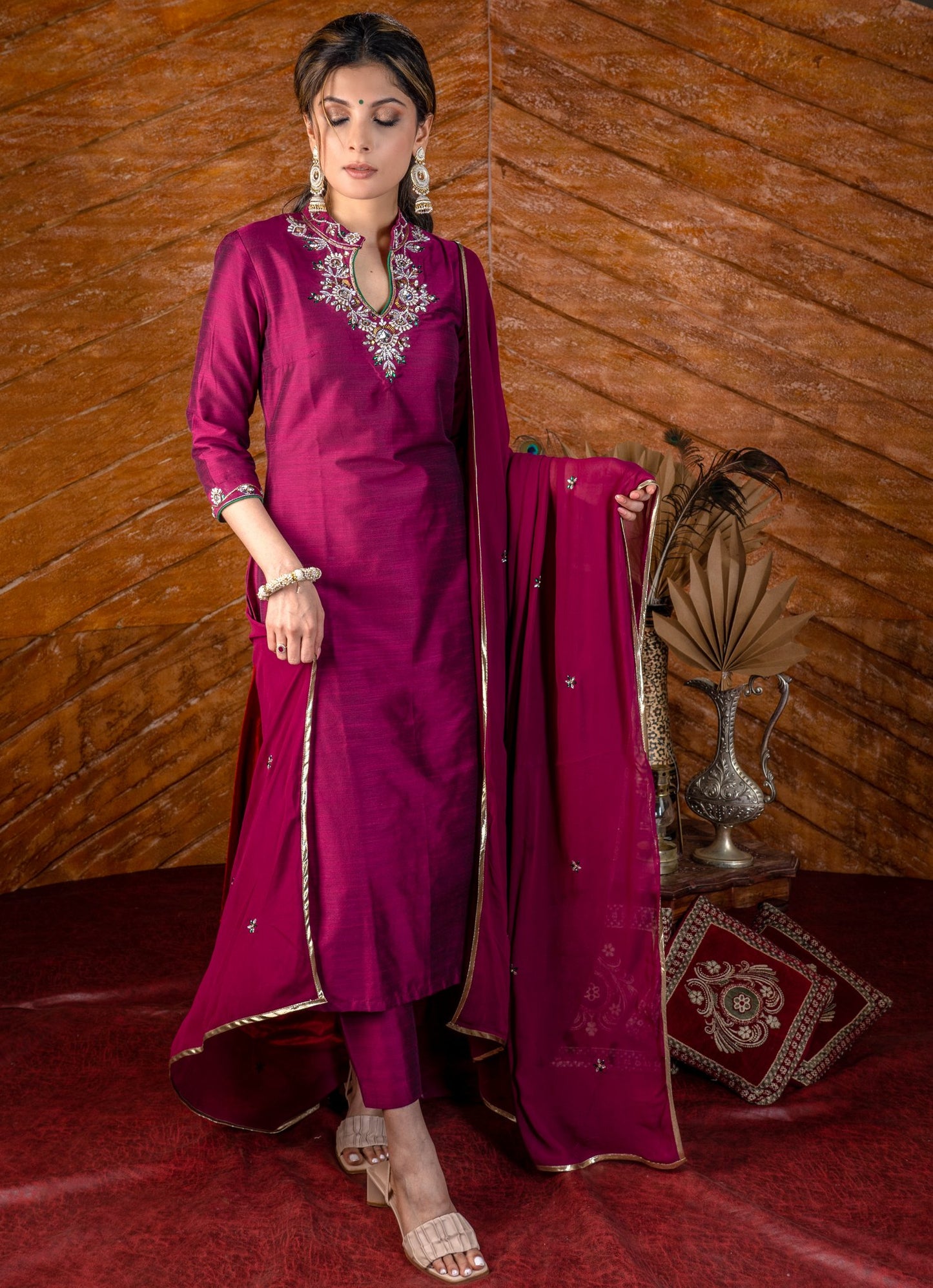 Magenta cotton silk kurta with Exquisit stone work on yoke