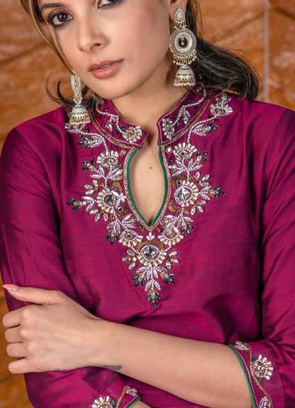 Magenta cotton silk kurta with Exquisit stone work on yoke