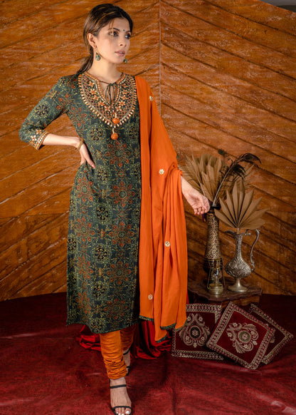 Exclusive hand embroidered Ajrakh block printed kurta