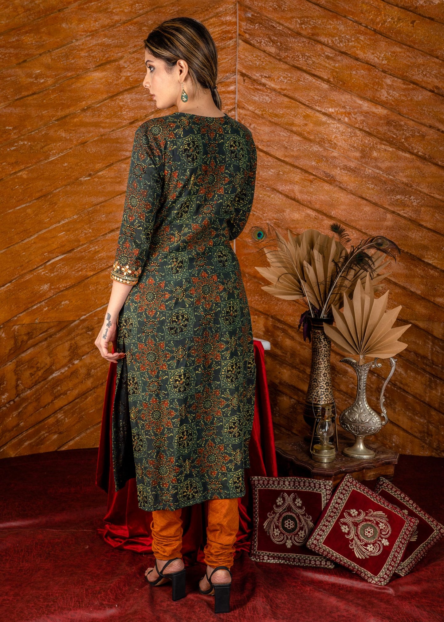 Exclusive hand embroidered Ajrakh block printed kurta