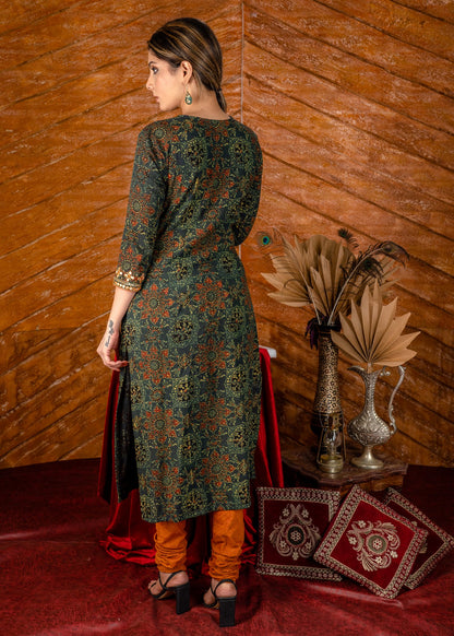 Exclusive hand embroidered Ajrakh block printed kurta