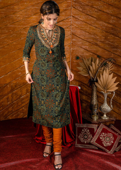 Exclusive hand embroidered Ajrakh block printed kurta