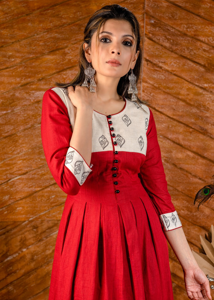 Exclusive hand painted red cotton dress.