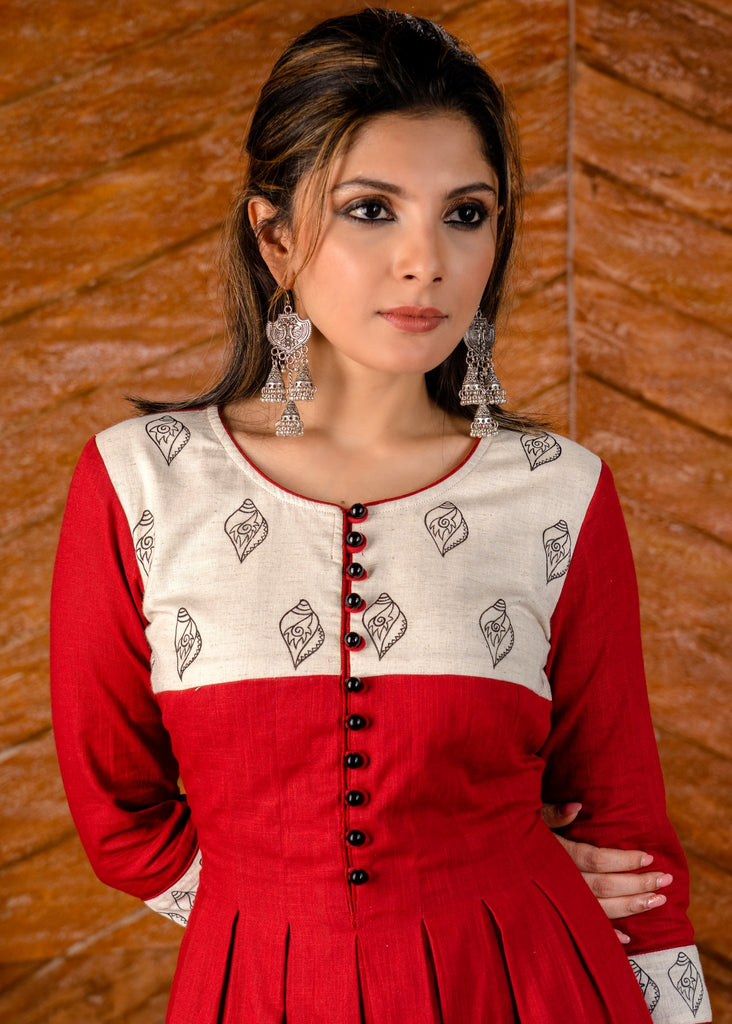 Exclusive hand painted red cotton dress.