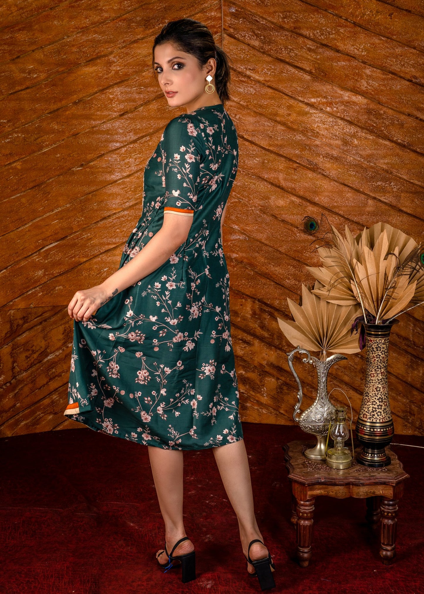 Exclusive printed floral satin dress with hand embroidered embroidered yoke.