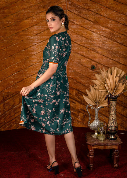 Exclusive printed floral satin dress with hand embroidered embroidered yoke.