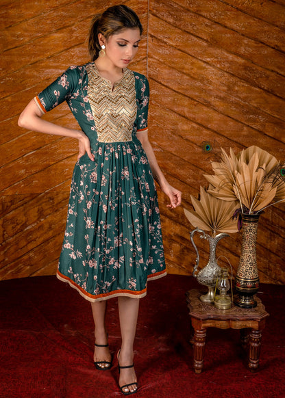Exclusive printed floral satin dress with hand embroidered embroidered yoke.