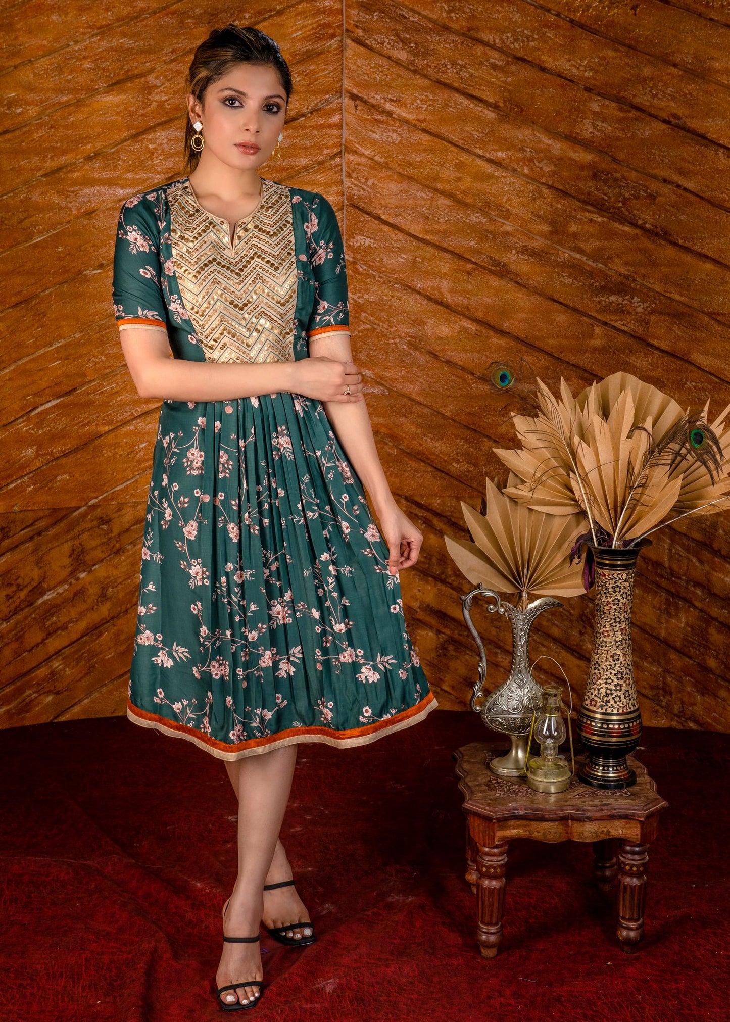 Exclusive printed floral satin dress with hand embroidered embroidered yoke.