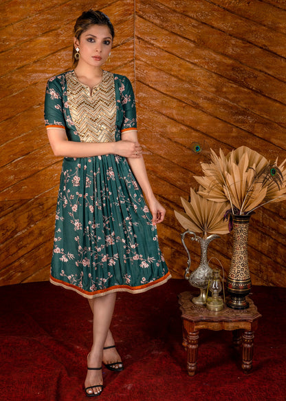 Exclusive printed floral satin dress with hand embroidered embroidered yoke.
