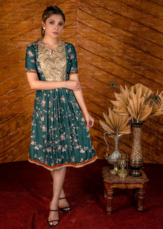 Exclusive printed floral satin dress with hand embroidered embroidered yoke.