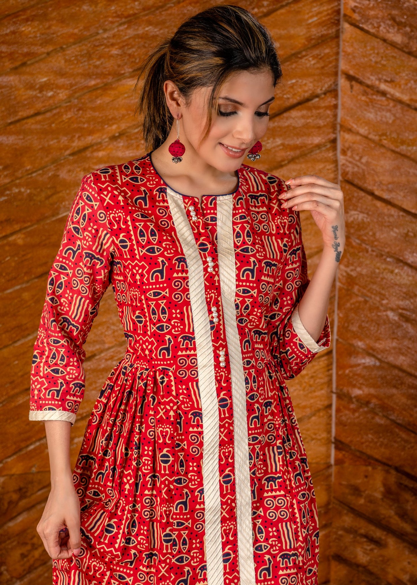 Abstract red Ajrakh printed cotton short dress