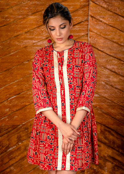 Abstract red Ajrakh printed cotton short dress