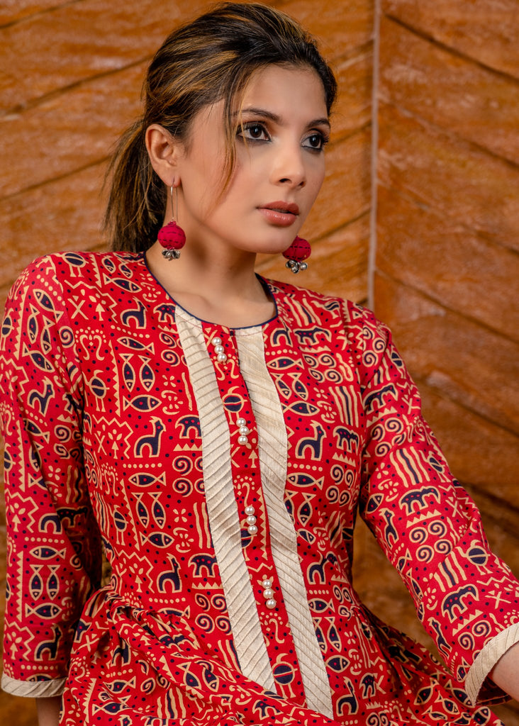 Abstract red Ajrakh printed cotton short dress