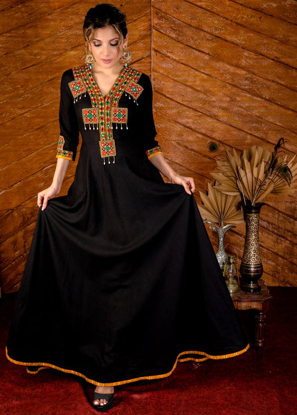 Exclusive black cotton gown with hand embroidered kutch mirror work yoke