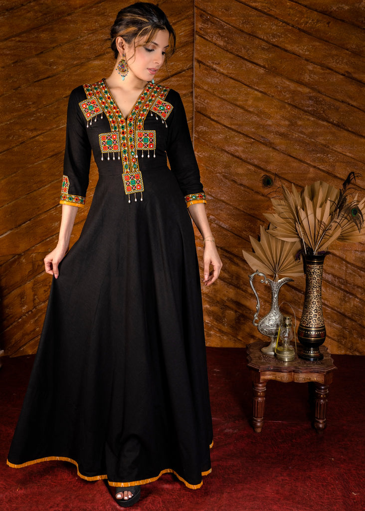 Exclusive black cotton gown with hand embroidered kutch mirror work yoke