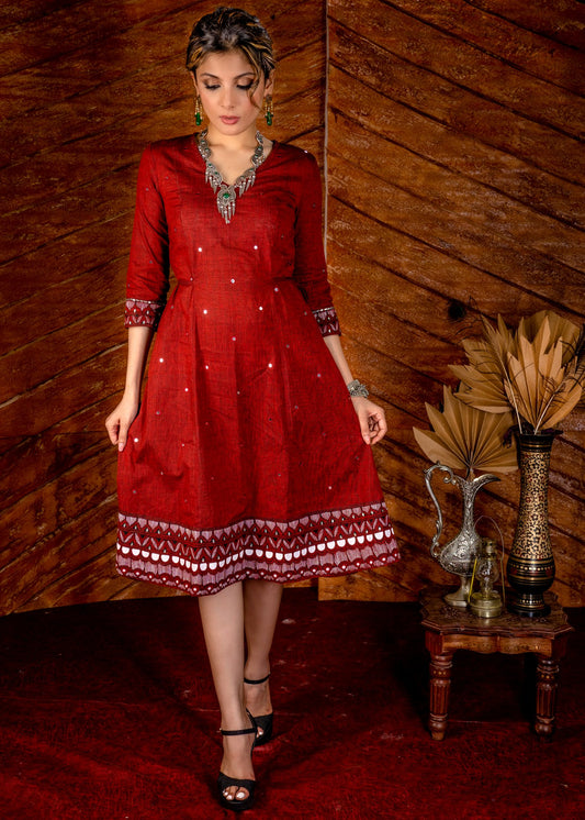 Exclusive hand painted maroon handloom cotton dress with overall mirrorwork embroidery.