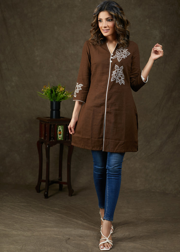 Trendy Coffee Brown Cotton Tunic With Exclusive Hand Painting On Yoke And Sleeves