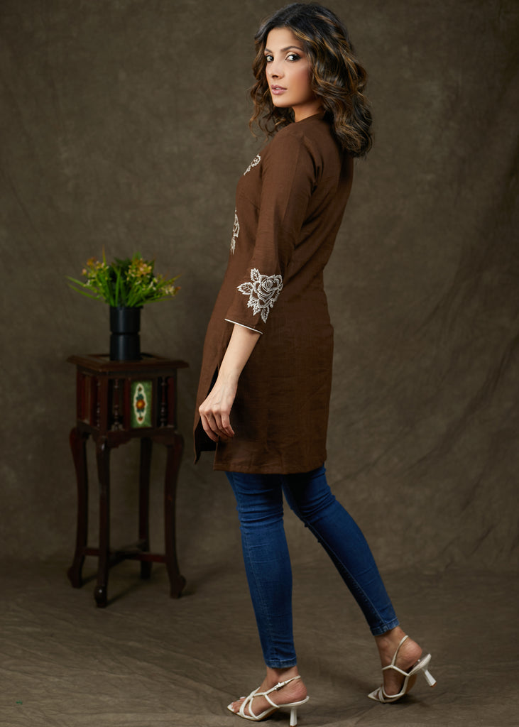 Trendy Coffee Brown Cotton Tunic With Exclusive Hand Painting On Yoke And Sleeves