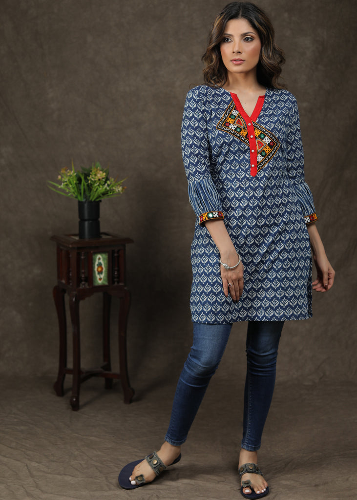 Beautiful Cotton Indigo Tunic With Handmade Kutch Mirror Work And Unique Sleeves