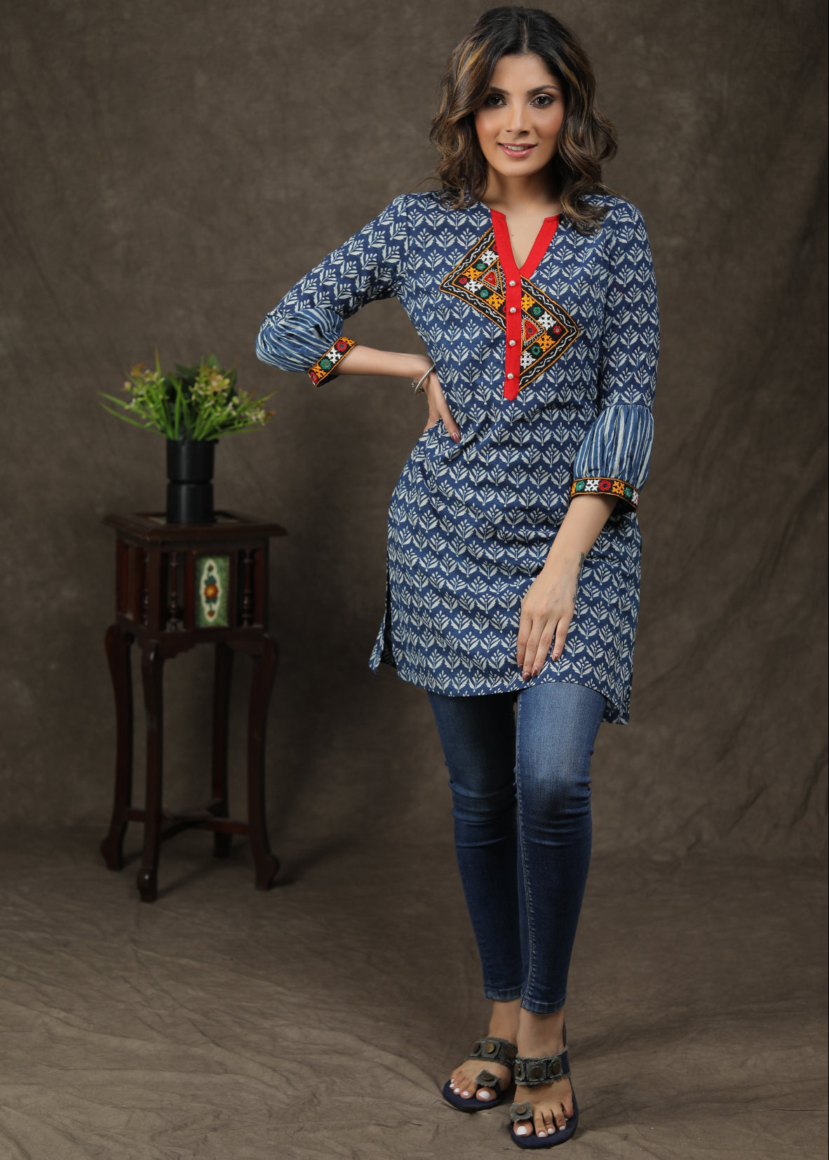 Beautiful Cotton Indigo Tunic With Handmade Kutch Mirror Work And Unique Sleeves